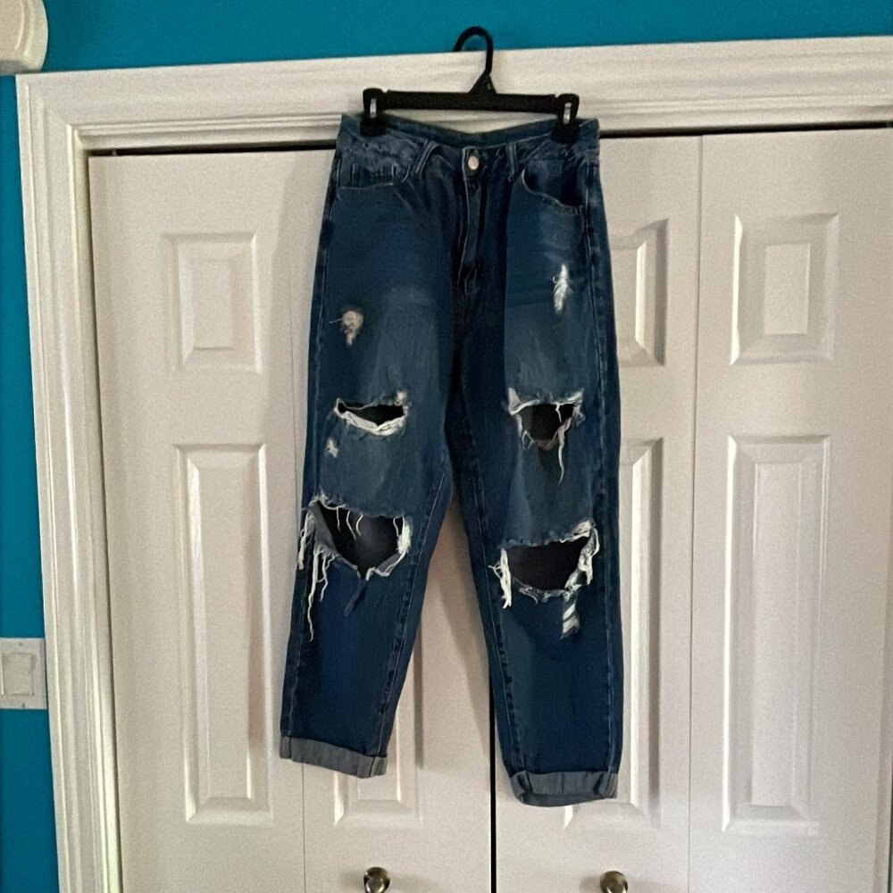 Women’s Boyfriend Distressed Blue Jeans High Waist - Size 30